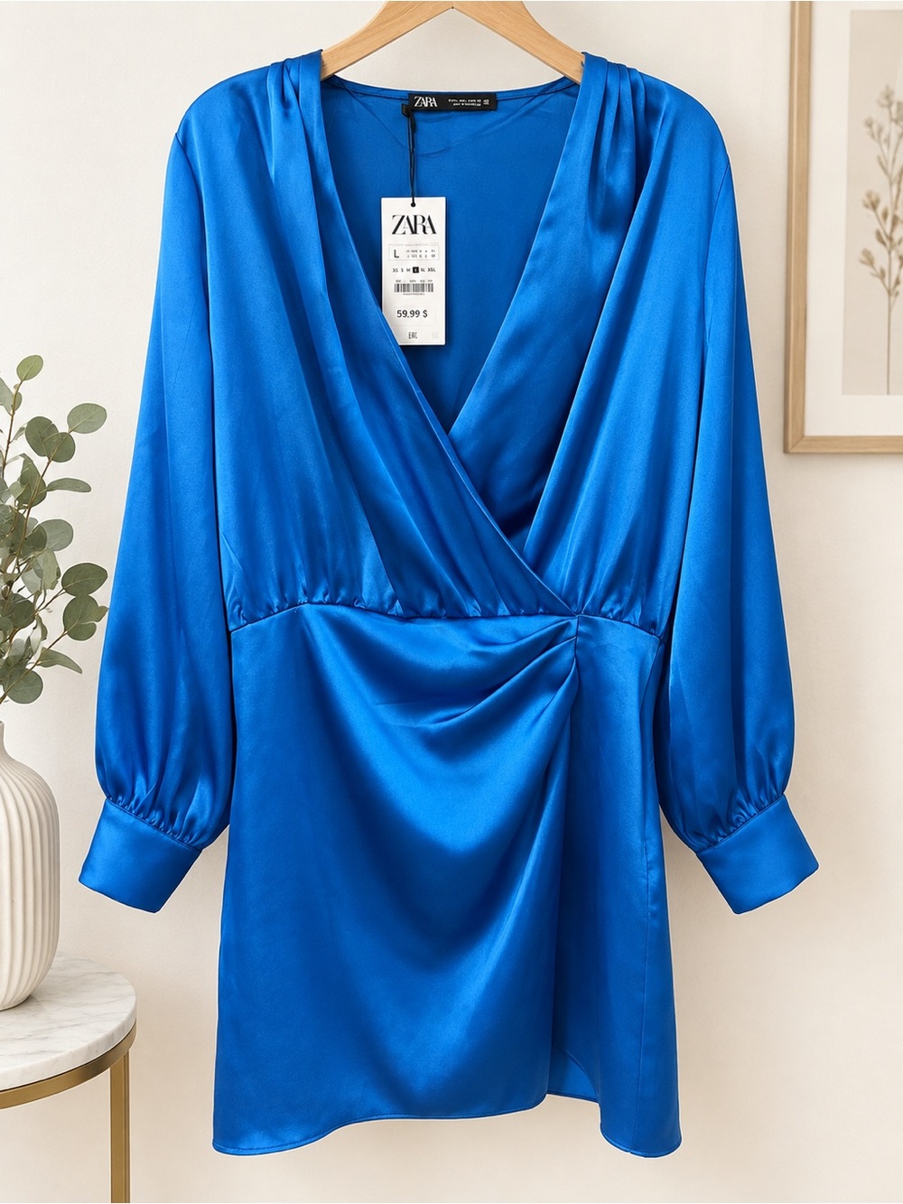 ZARA Cobalt Blue Satin Wrap Dress Size L – NWT
